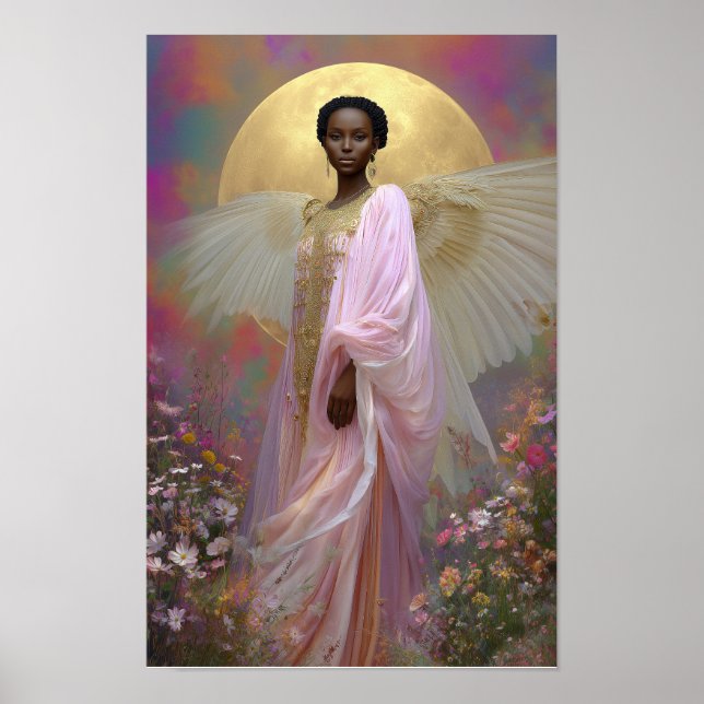 Black Angel Goddess Art Print: Rosa Guld Blommigt Poster (Framsidan)