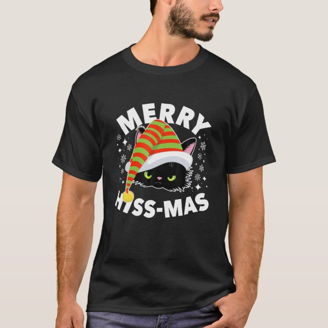 Black Angry Cat Merry Hiss Mas Cute Cats Funny Pun T Shirt (Framsida)