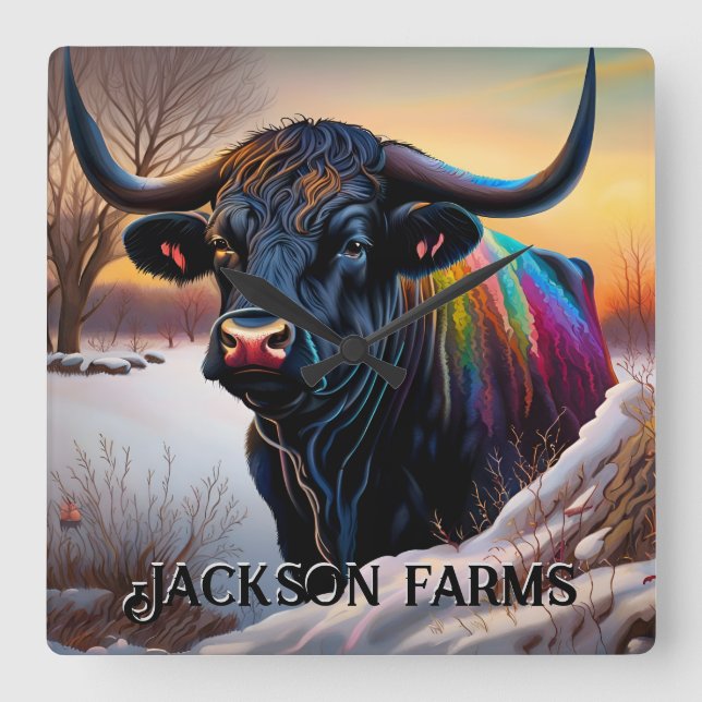 Black Angus Bull Winter Fyrkantig Klocka (Framsida)