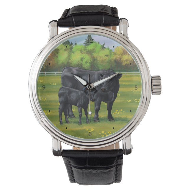 Black Angus Cow & Cute Calf på sommarbetesmark Armbandsur (Framsida)