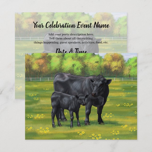 Black Angus Cow & Cute Calf på sommarbetesmark Inbjudningar (Fram/baksida)