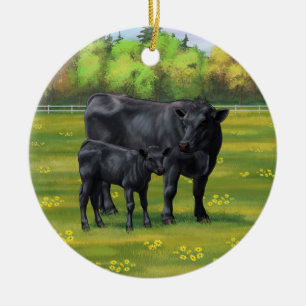 Black Angus Cow & Cute Calf på sommarbetesmark Julgransprydnad Keramik