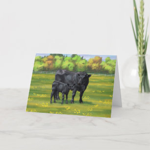Black Angus Cow & Cute Calf på sommarbetesmark Kort