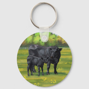 Black Angus Cow & Cute Calf på sommarbetesmark Nyckelring
