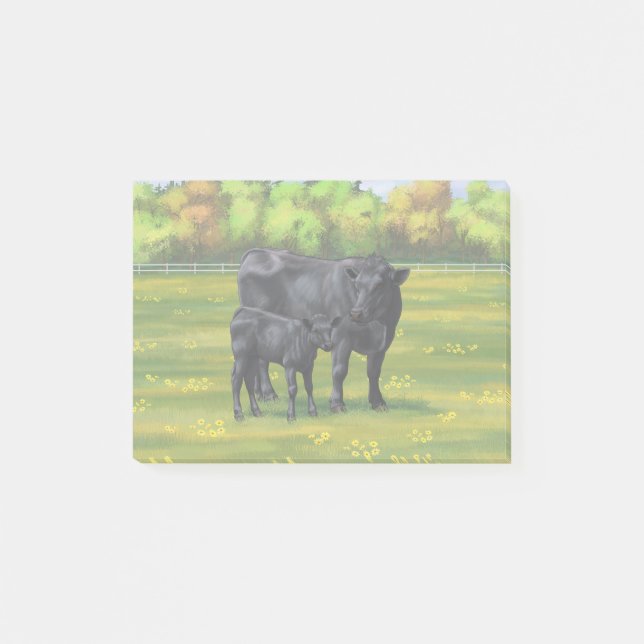 Black Angus Cow & Cute Calf på sommarbetesmark Post-it Block (Framsida)