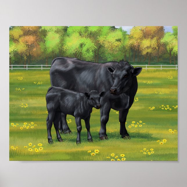 Black Angus Cow & Cute Calf på sommarbetesmark Poster (Framsidan)
