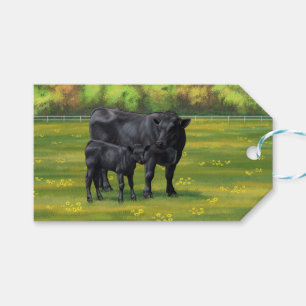 Black Angus Cow & Cute Calf på sommarbetesmark Presentetikett