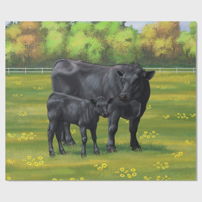 Black Angus Cow & Cute Calf på sommarbetesmark Presentpapper (Platt)