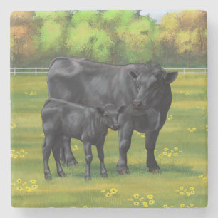 Black Angus Cow & Cute Calf på sommarbetesmark Stenunderlägg