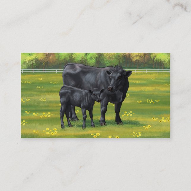 Black Angus Cow & Cute Calf på sommarbetesmark Visitkort (Framsida)