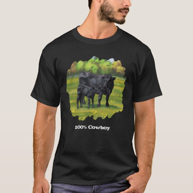 Black Angus Cow & Cute Calf T-Shirt (Framsida)