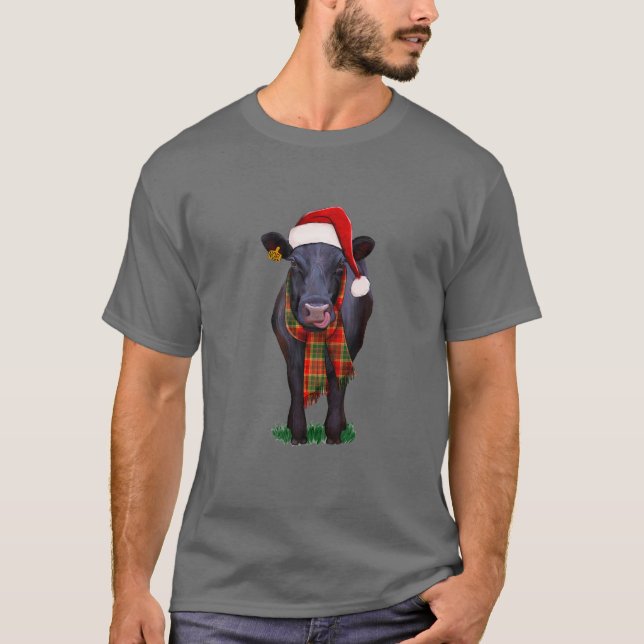 Black Angus Cow Santa Hat-julen, Hej Thankm T Shirt (Framsida)