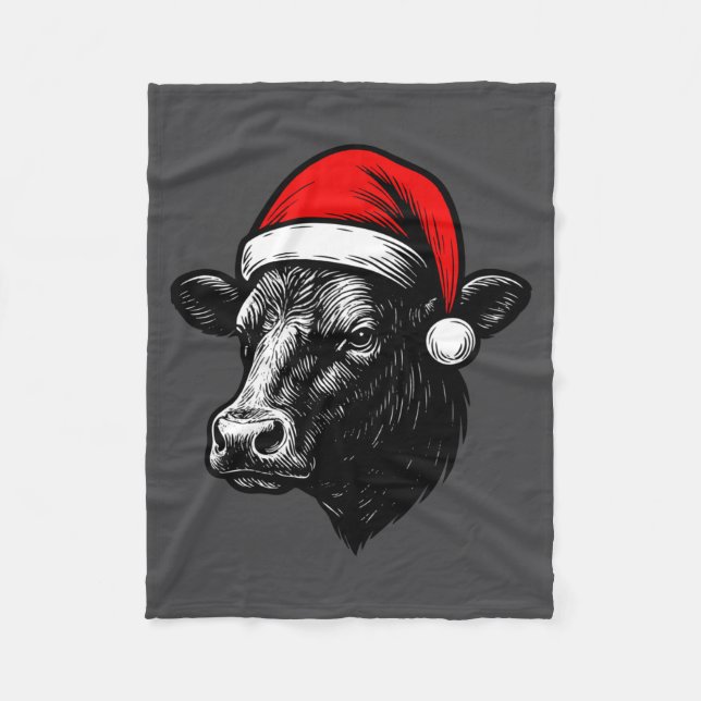 Black Angus Rancher Christmas Cow Santa Hat Farmer Fleecefilt (Framsidan)