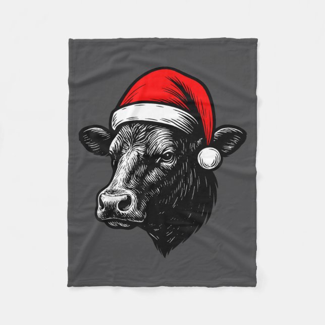 Black Angus Rancher Christmas Cow Santa Hat Farmer Fleecefilt (Framsidan)
