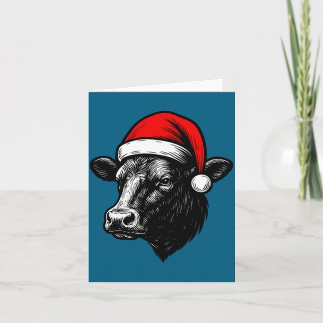 Black Angus Rancher Christmas Cow Santa Hat Farmer Kort (Framsida)