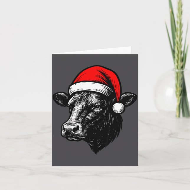 Black Angus Rancher Christmas Cow Santa Hat Farmer Kort (Framsida)