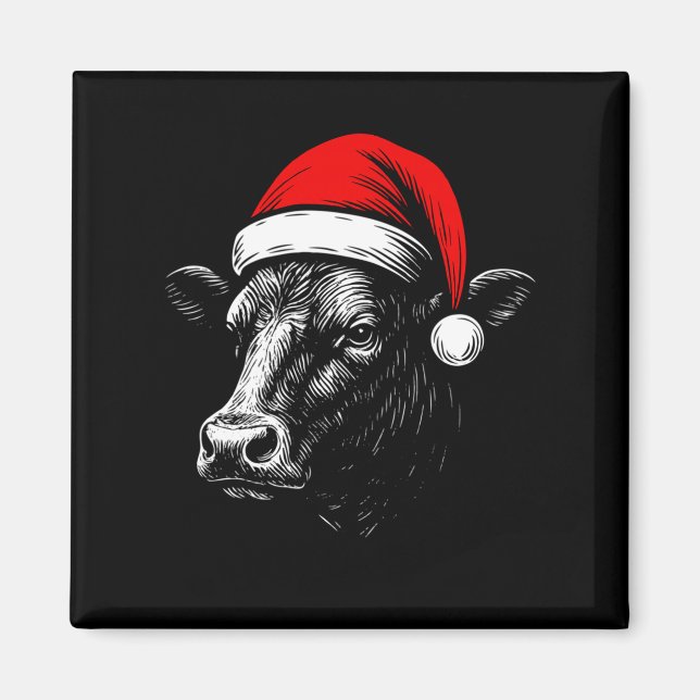 Black Angus Rancher Christmas Cow Santa Hat Farmer Magnet (Framsidan)