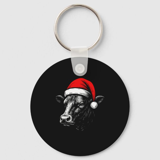 Black Angus Rancher Christmas Cow Santa Hat Farmer Nyckelring (Framsida)