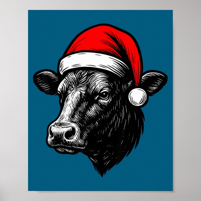 Black Angus Rancher Christmas Cow Santa Hat Farmer Poster (Framsidan)