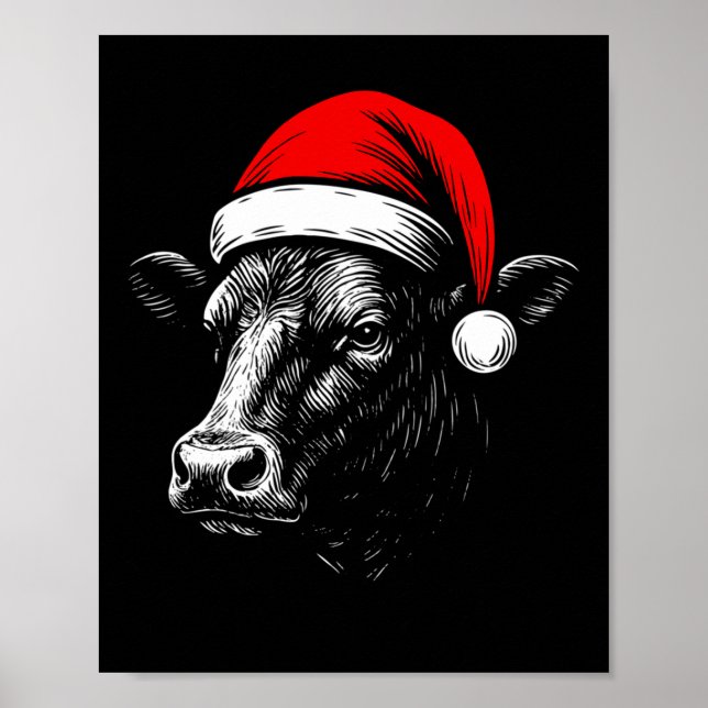 Black Angus Rancher Christmas Cow Santa Hat Farmer Poster (Framsidan)