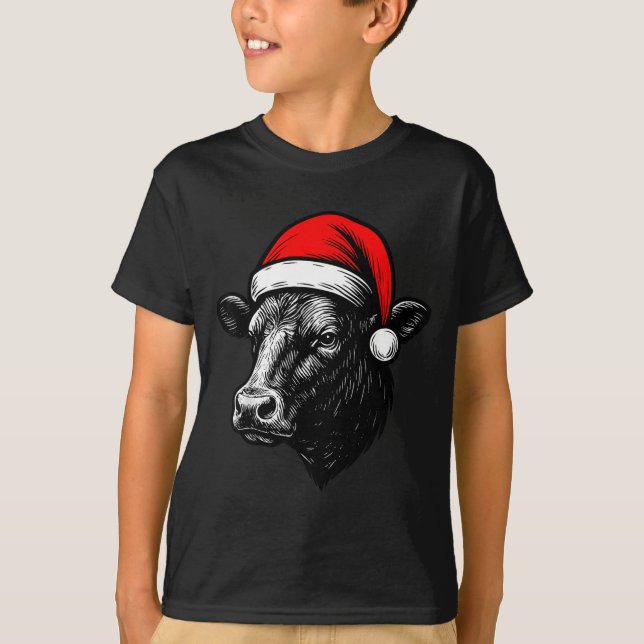 Black Angus Rancher Christmas Cow Santa Hat Farmer T Shirt (Framsida)