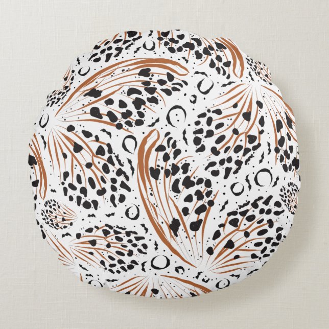 Black Animal Print Terracotta Swirl Mönster Rund Kudde (Framsidan)