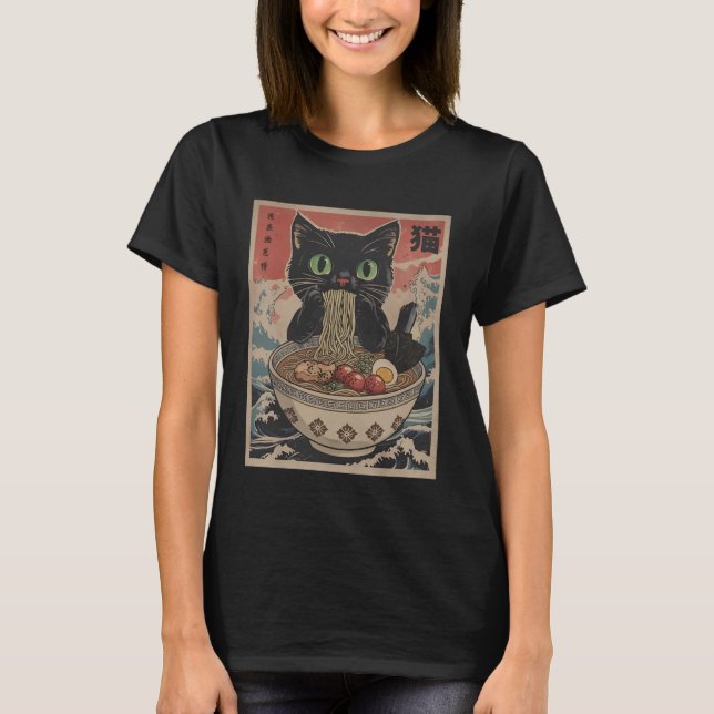 Black Anime Cat Ramen Noodles Japanese Funny Kawai T Shirt (Framsida)