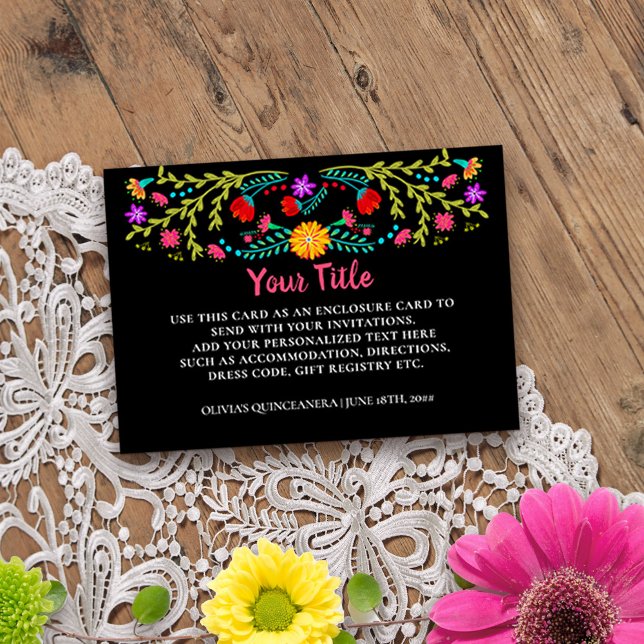 Black Anpassningsbar-hölje för mexikansk fiesta Bl Tilläggskort (Custom reception card for quinceanera or other special event from Mexican Fiesta Floral collection)