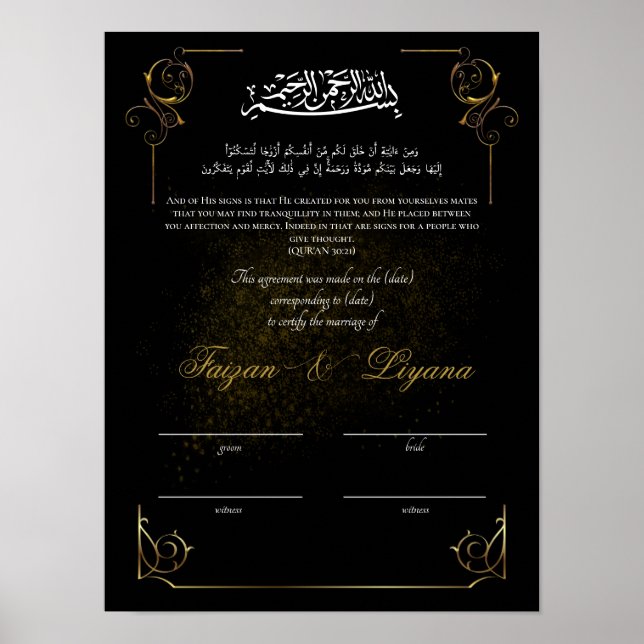 Black Anpassningsbar Nikkah Muslim Giftermål Certi Poster (Framsidan)
