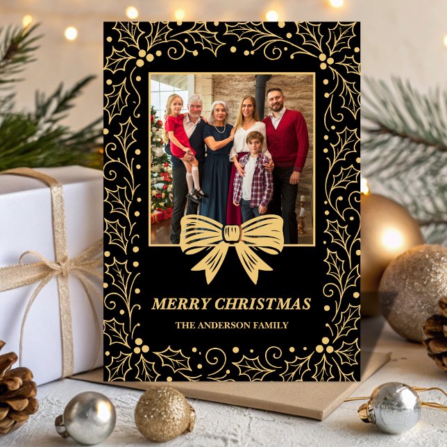 Black & Antique Gold Bow Family Christmas Photo Julkort (Skapare uppladdad)