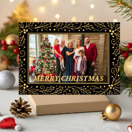 Black & Antique-Gold Family Christmas Photo Julkort