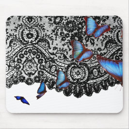 BLACK ANTIQUE SNÖRE BLUE BUTTERFLIES MOUSE PAD MUSMATTA
