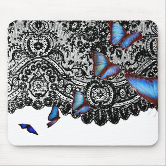 BLACK ANTIQUE SNÖRE BLUE BUTTERFLIES MOUSE PAD MUSMATTA