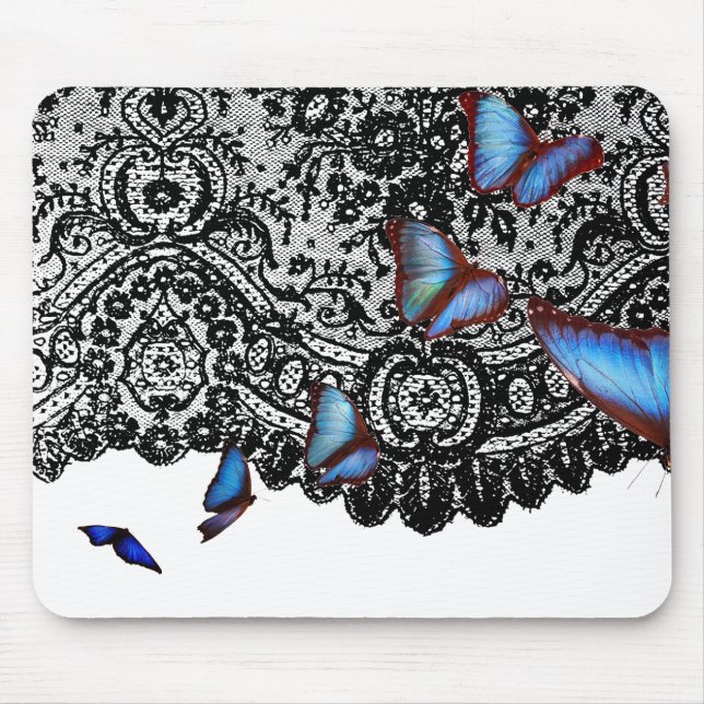 BLACK ANTIQUE SNÖRE BLUE BUTTERFLIES MOUSE PAD MUSMATTA (Framsidan)