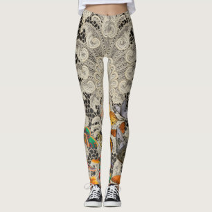 BLACK ANTIQUE SNÖRE MÖNSTER BUTTERFLIES LEGGINGS