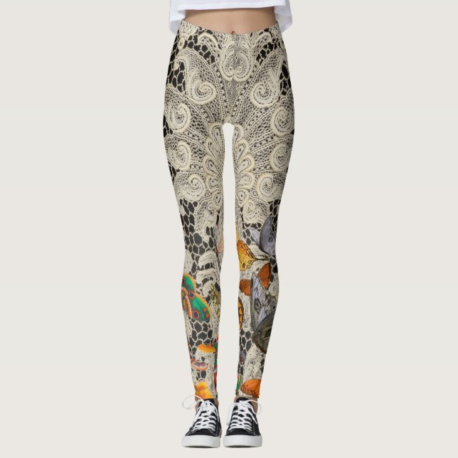 BLACK ANTIQUE SNÖRE MÖNSTER BUTTERFLIES LEGGINGS (Framsida)