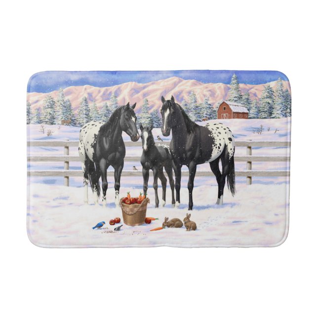 Black Appaloosa-hästar i Snö Badrumsmatta (Framsidan)