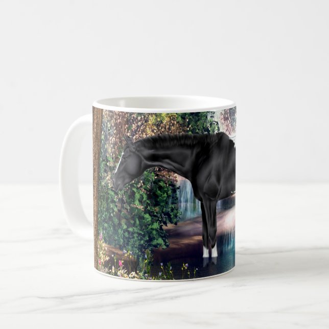 Black Appaloosa Horse Waterfall Background Kaffemugg (Framsida vänster)