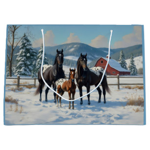 Black Appaloosa Horses on a Farm in Winter