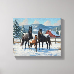 Black Appaloosa Horses on a Farm in Winter Canvastryck