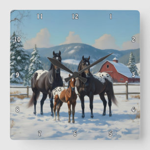 Black Appaloosa Horses on a Farm in Winter Fyrkantig Klocka