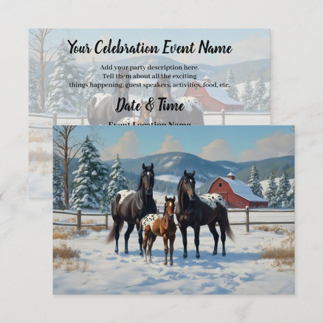 Black Appaloosa Horses on a Farm in Winter Inbjudningar (Fram/baksida)