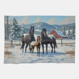 Black Appaloosa Horses on a Farm in Winter Kökshandduk