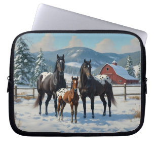 Black Appaloosa Horses on a Farm in Winter Laptop Fodral
