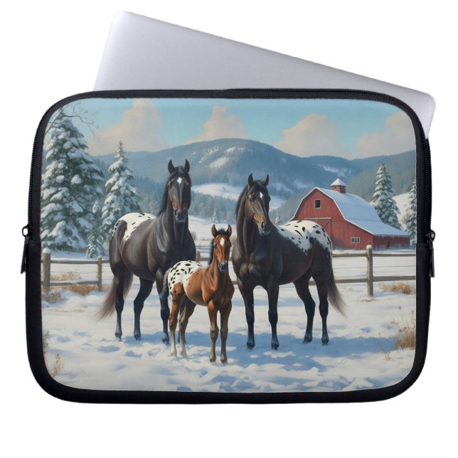 Black Appaloosa Horses on a Farm in Winter Laptop Fodral (Framsidan)