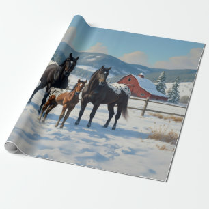 Black Appaloosa Horses on a Farm in Winter Presentpapper