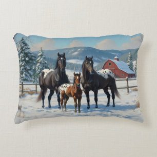 Black Appaloosa Horses on a Farm in Winter Prydnadskudde