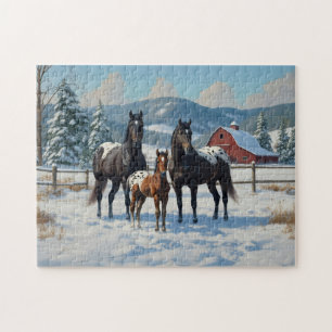 Black Appaloosa Horses on a Farm in Winter Pussel