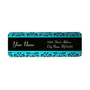 BLACK AQUA BLUE TEAL DAMASK RETURADRESS ETIKETT