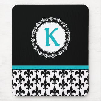 Black Aqua Monogram Fleur de Lis Mousepad Musmatta